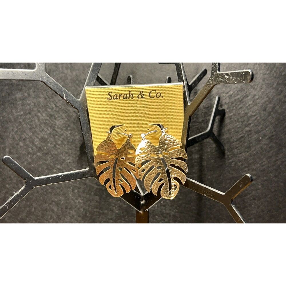 Sarah & Co Gold Monstera Palm Leaf Statement Earrings Tropical Boho NWT